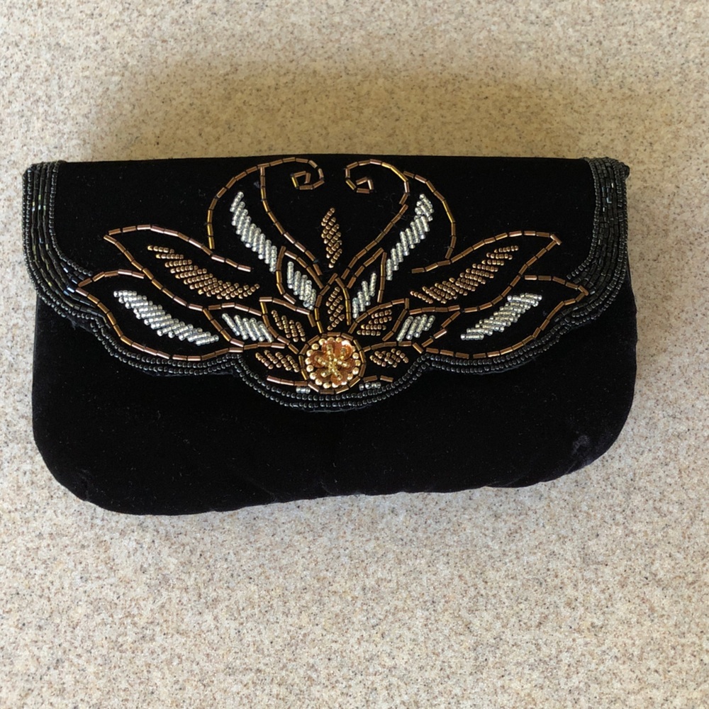 Magid Vintage Black Velvet Clutch with Gold and Silver Beadwork